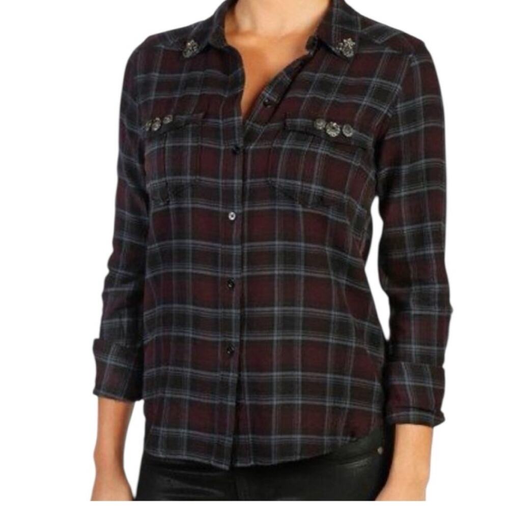 Paige Plaid Flannel Button Front Jewel Accents Women's XS